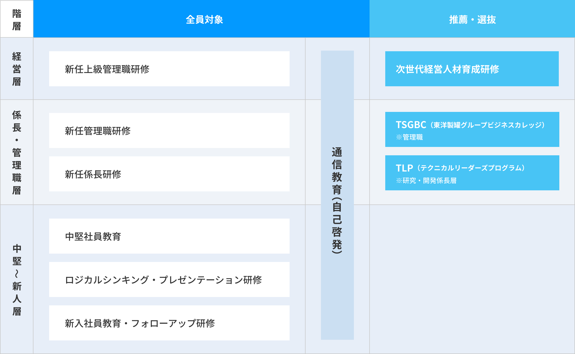 経営層：新任上級管理職研修（全員）次世代経営人材育成研修（推薦・選抜）/係長・管理職層：新任管理職研修 新任係長研修（全員）TSGBC（課長層）TLP（研究・開発係長層）（推薦・選抜）/中堅～新人層：中堅社員教育 ロジカルシンキング・プレゼンテーション研修 新入社員教育・フォローアップ研修（全員）/全階層：通信教育（自己啓発）