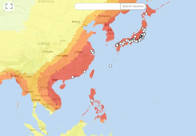 BRFで特定した熱帯低気圧（台風）のリスクが高い東アジア、東南アジアの拠点図
