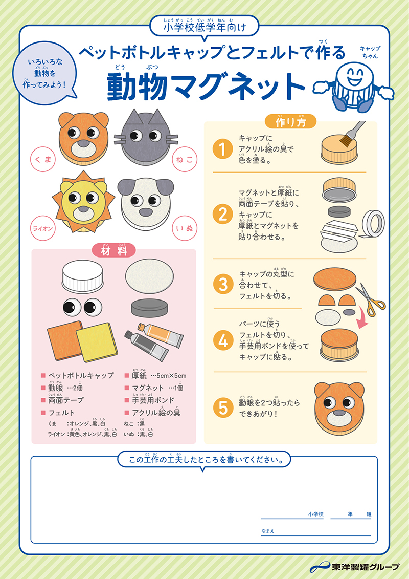 ペットボトルキャップとフェルトで作る動物マグネット